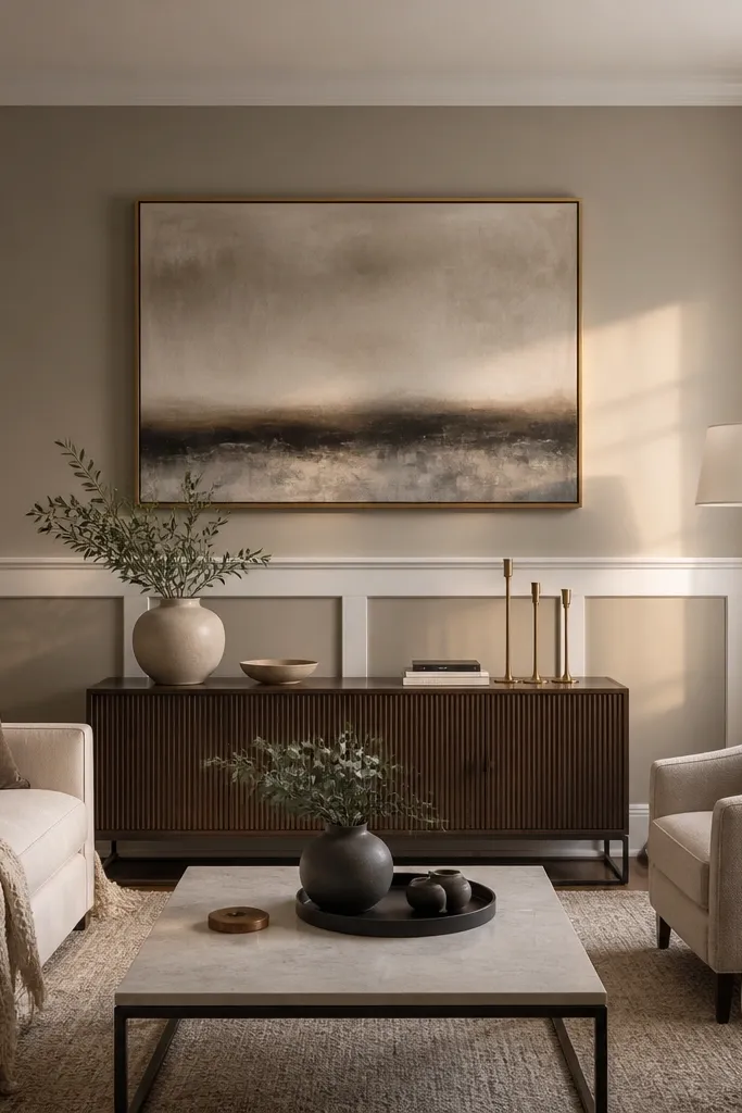 White wall with a horizontal cap moulding around mid-height and vertical lines below