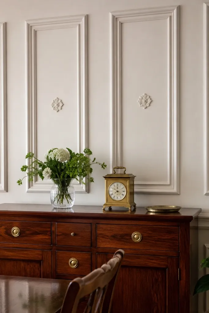 White moulding wall with small circular accents and simple rectangular panels