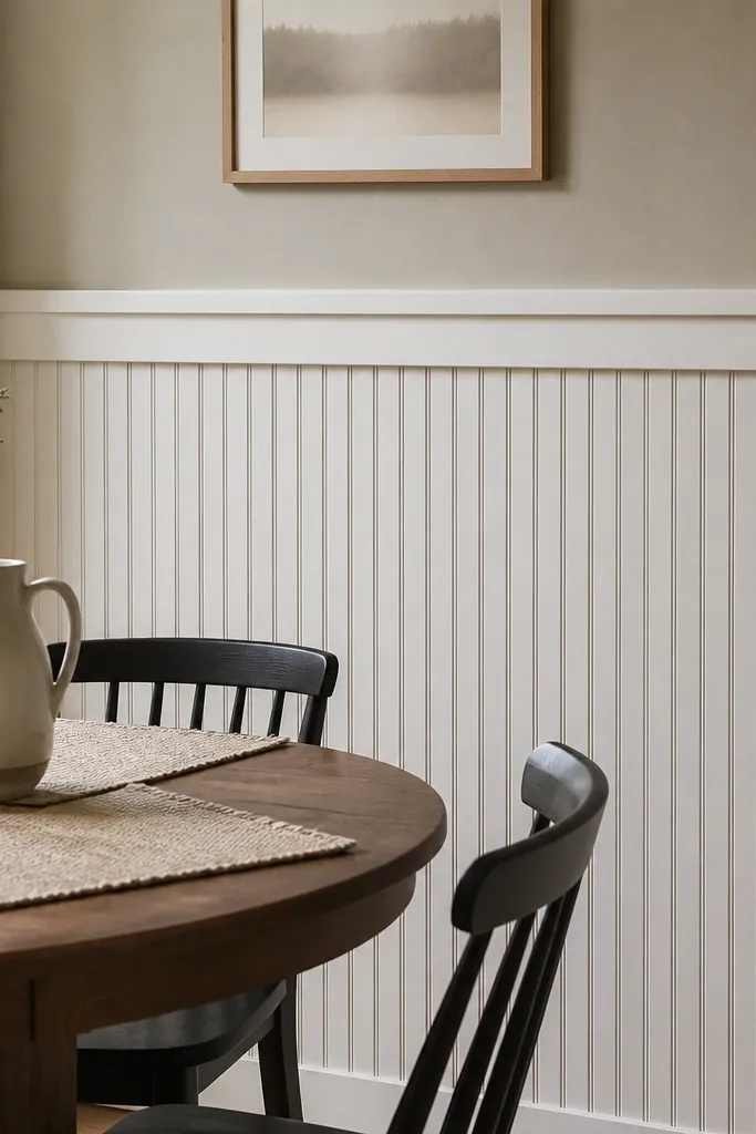 White beadboard wall with thin vertical grooves and a smooth horizontal rail