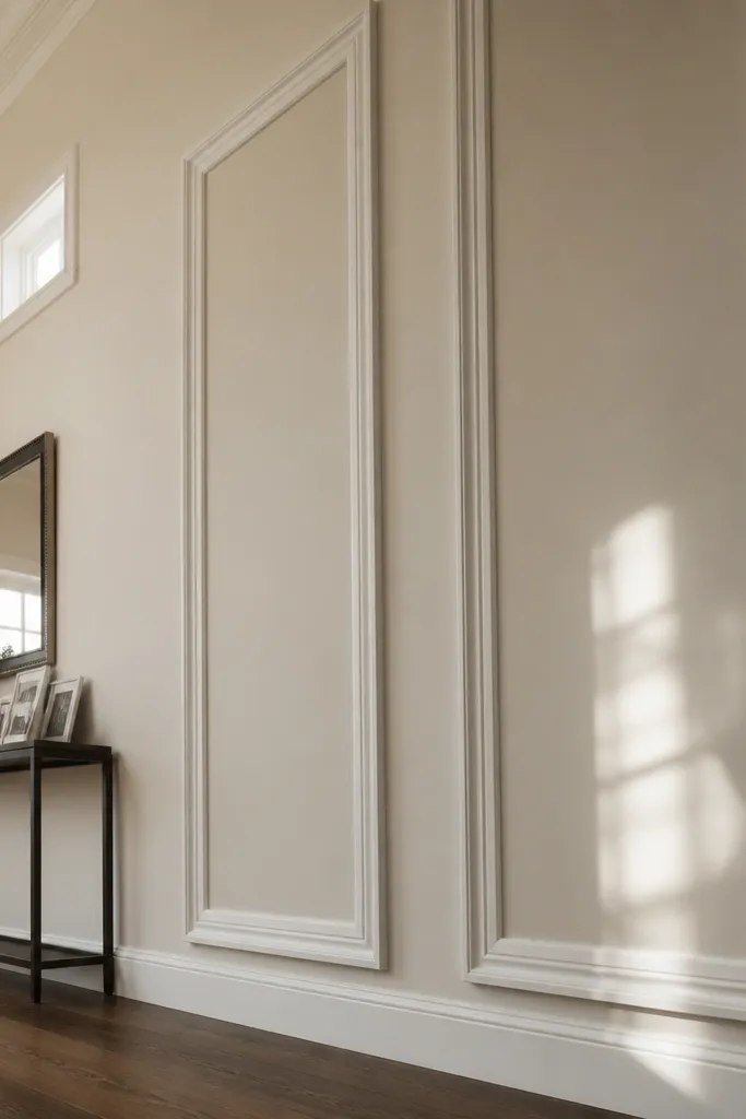 Wall with tall vertical framed panels and a low horizontal base rail