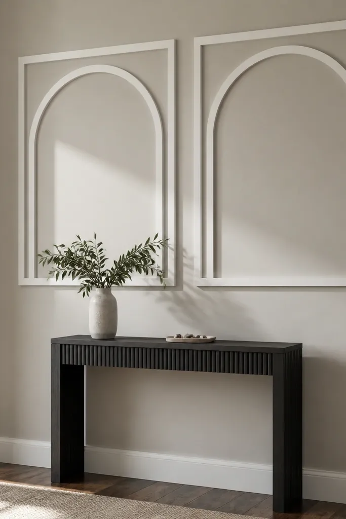 White wall with two arched frames and subtle shadow gaps inside the arches