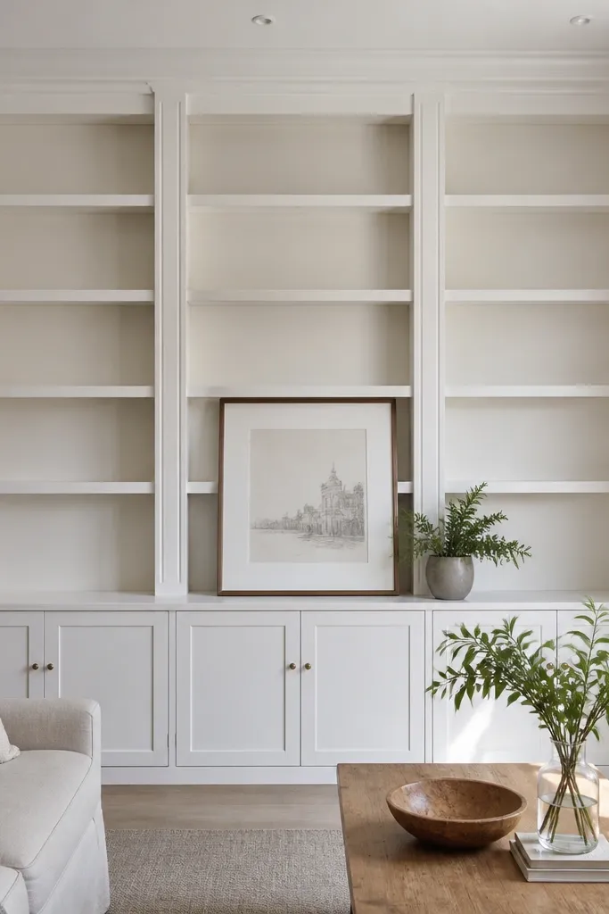 White wall with moulding outlines shaped like bookcase shelves