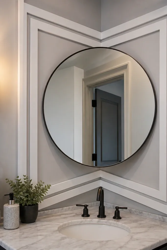 Wall corner with a small moulding frame and angled trim around a mirror