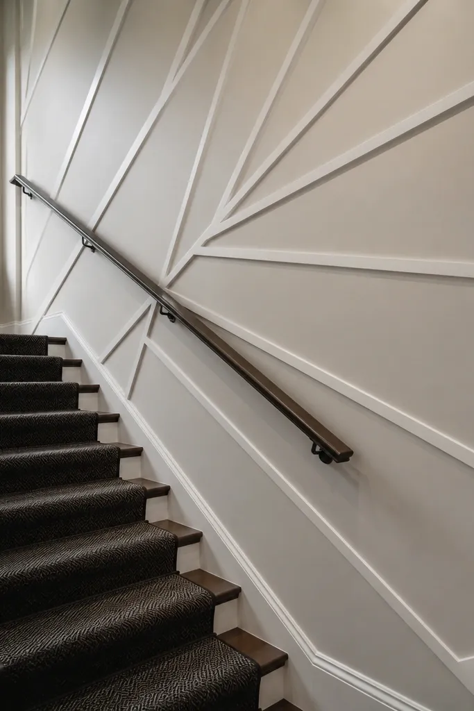 White wall with wedge-shaped moulding segments pointing toward a center line