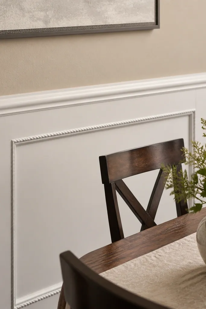 White wall with simple raised panels and small rope-like moulding accents around edges
