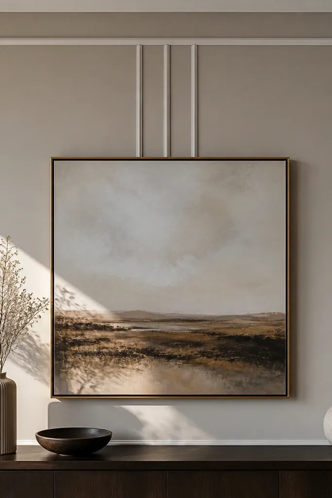 White wall with thin outer border and three centered vertical moulding strips