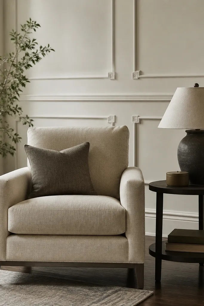 White wall with rectangular panels, a picture rail, and small square corner blocks