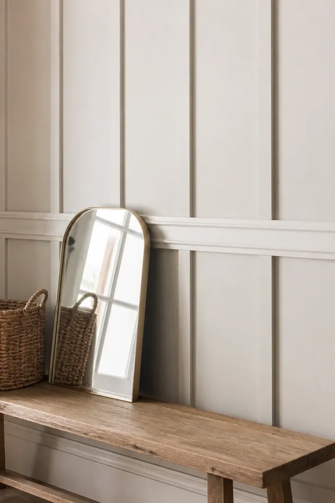 White board-and-batten wall with a thin horizontal belt rail across mid-height