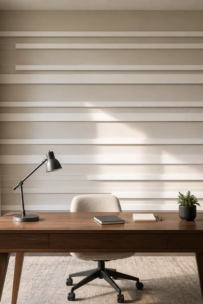 Wall with layered stepped horizontal moulding tiers creating stair-step shadows