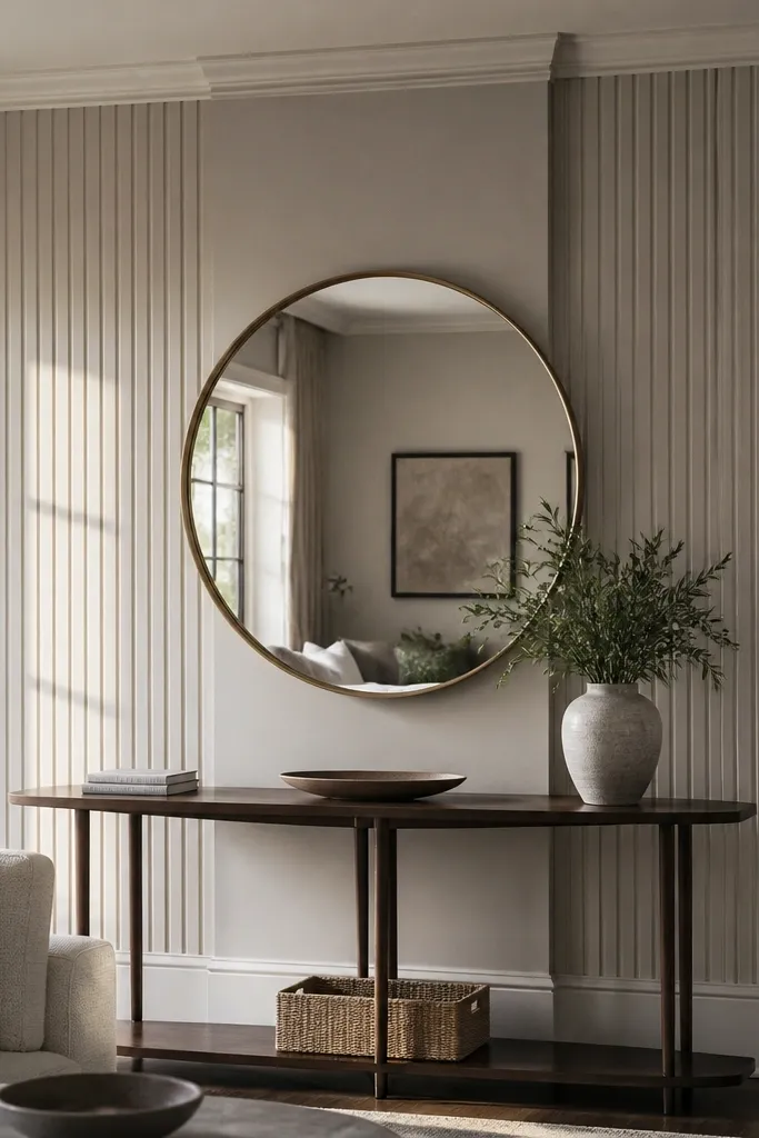 White wall with slim vertical panels and a wider central column outline