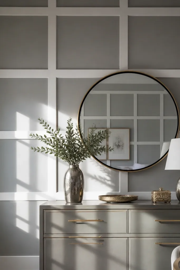 White wall with small square micro panels framed by thicker moulding borders