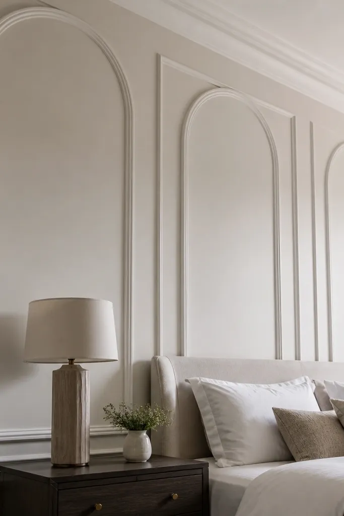 Wall with rectangle panels and an arch inset above each panel