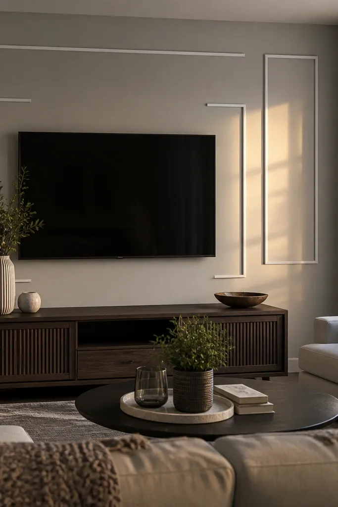 TV wall with large half-rectangle moulding framing and clean shadow gaps