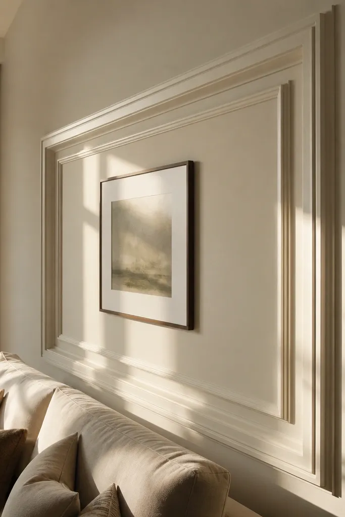 White wall with layered corner moulding and stepped reveals around a central framed area