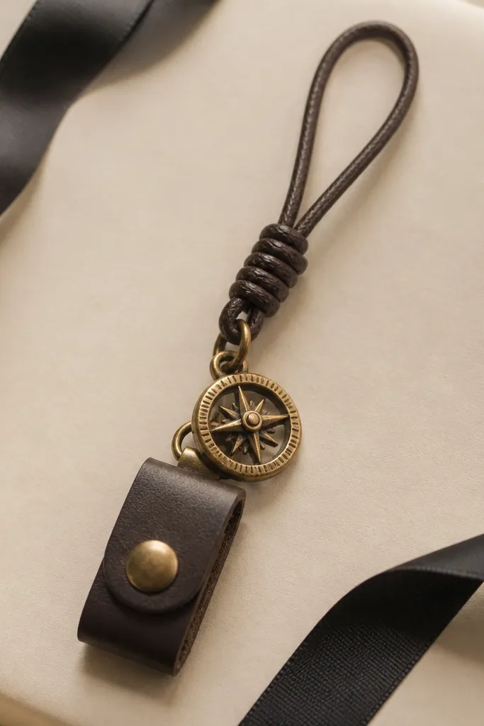 A small handmade key tag made from waxed dark brown cord tied in a loop, with a brass mini compass charm hanging above a leather-look snap-on holder; it's photographed on a cream wrapping paper with black ribbon.