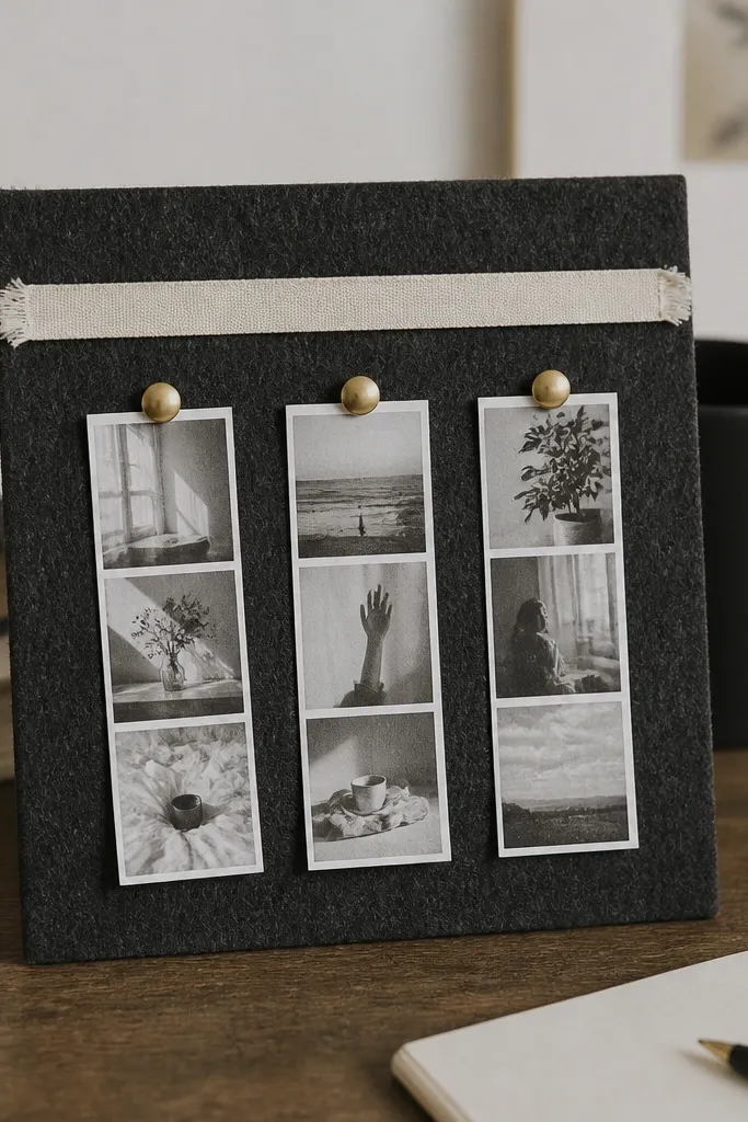 A rectangular piece of charcoal felt with a row of three mini photo strips pinned using brass thumbtacks, plus a short strip of cream ribbon across the top; it sits on a desk with a black mug in the background.