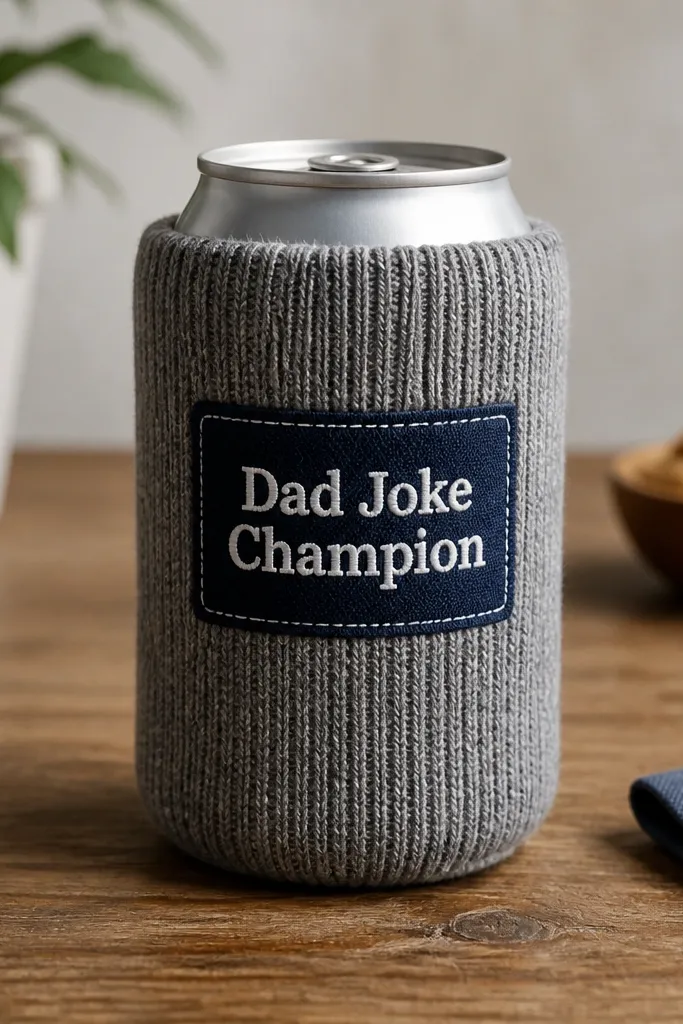 A snug fabric sleeve around a standard beer can, made from heather gray ribbed knit with a stitched patch that reads 'Dad Joke Champion' in white thread; it's laid on wood grain table.