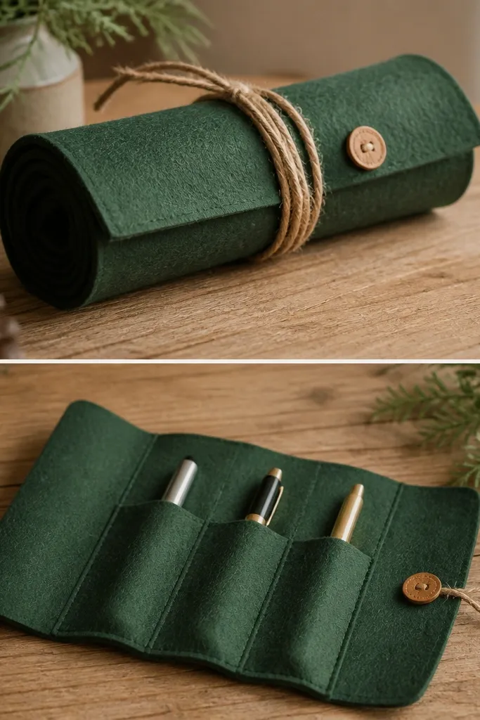 A rolled-up felt pen case tied with twine, with three pen slots visible when unrolled; it's in forest green felt with a tan leather button closure.