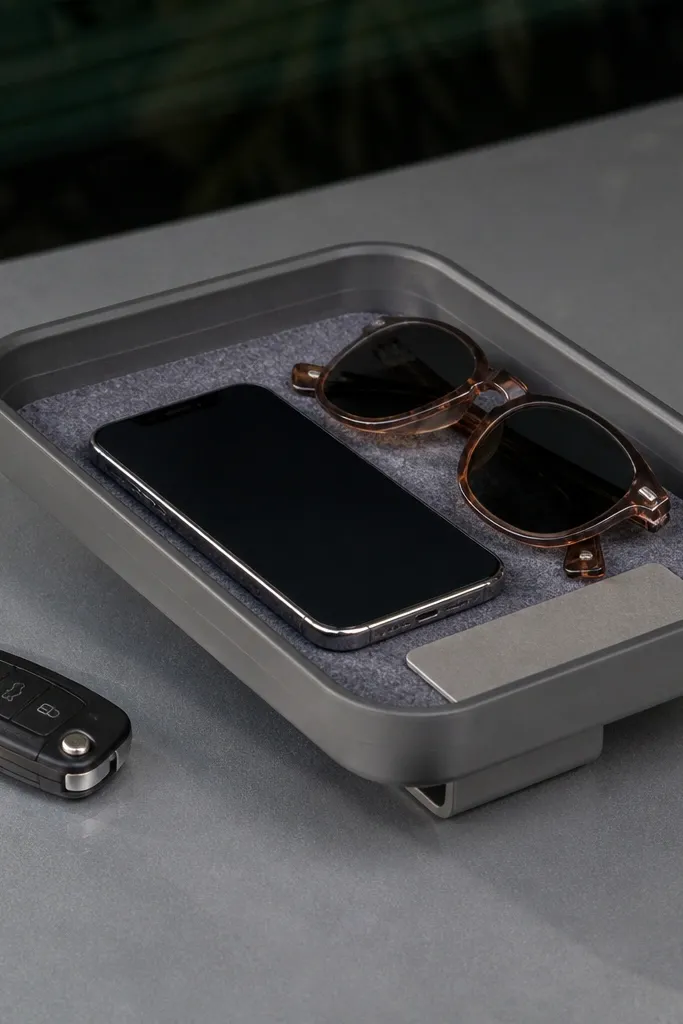 A small plastic tray with a clip underneath, lined with gray felt, holding a phone, sunglasses, and a small card; photographed on a driveway with car keys nearby.