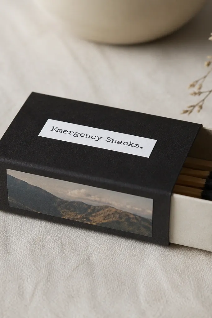 A matchbox covered in matte black paper with a small printed photo window on the side and a white vinyl label that reads 'Emergency Snacks'.