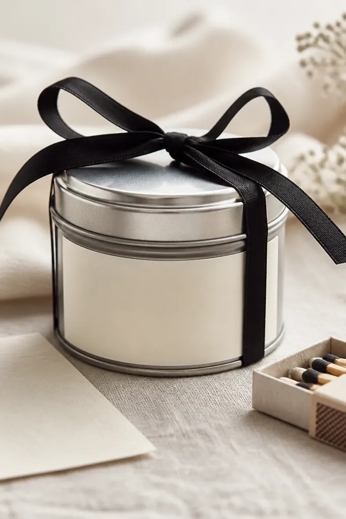 A small tin candle with a clean cream label tied with black ribbon, placed next to a matchbox and a handwritten tag.
