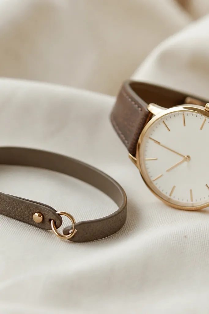 A thin leather cuff bracelet with a small ring attached at the end, styled like jewelry and photographed next to a watch.