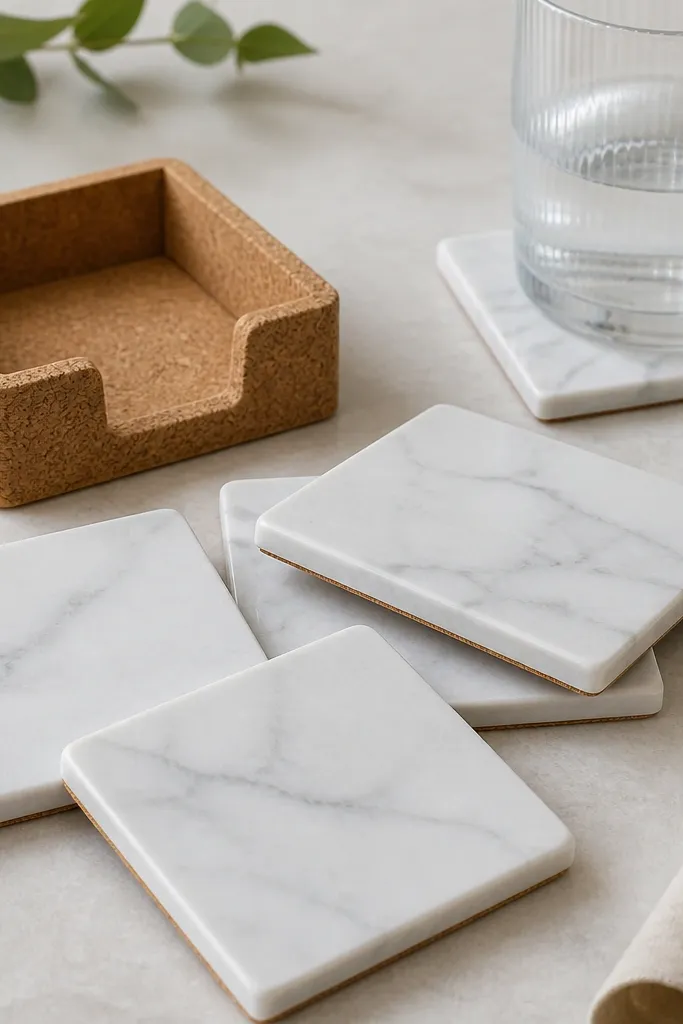 Four square coasters cut from sample tiles, with cork backing and a small cork sheet holder; the tiles show subtle gray veining.