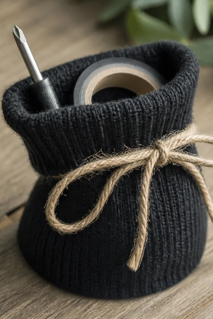 A small drawstring pouch made from a thick black sock, with a mini screwdriver and tape roll visible inside; it's tied closed with twine.