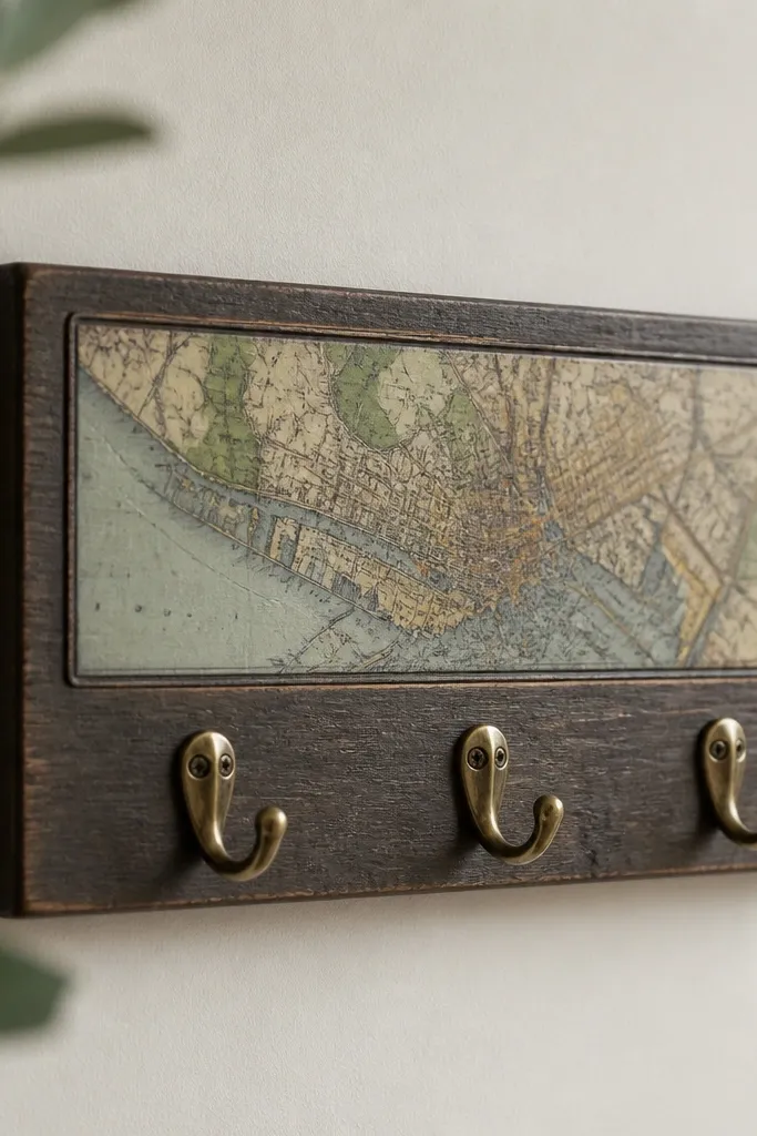 A small wooden plank with three brass hooks, topped with a printed map segment in a frame-like border; it's stained dark and photographed on a wall.