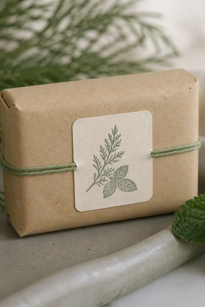A rectangular soap bar wrapped in recycled kraft paper with a thin band of green twine and a small stamped label reading 'cedar + mint'.