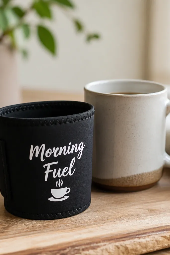 A black neoprene mug sleeve printed with white vinyl letters 'Morning Fuel' and a small icon of a coffee cup; photographed beside a mug.