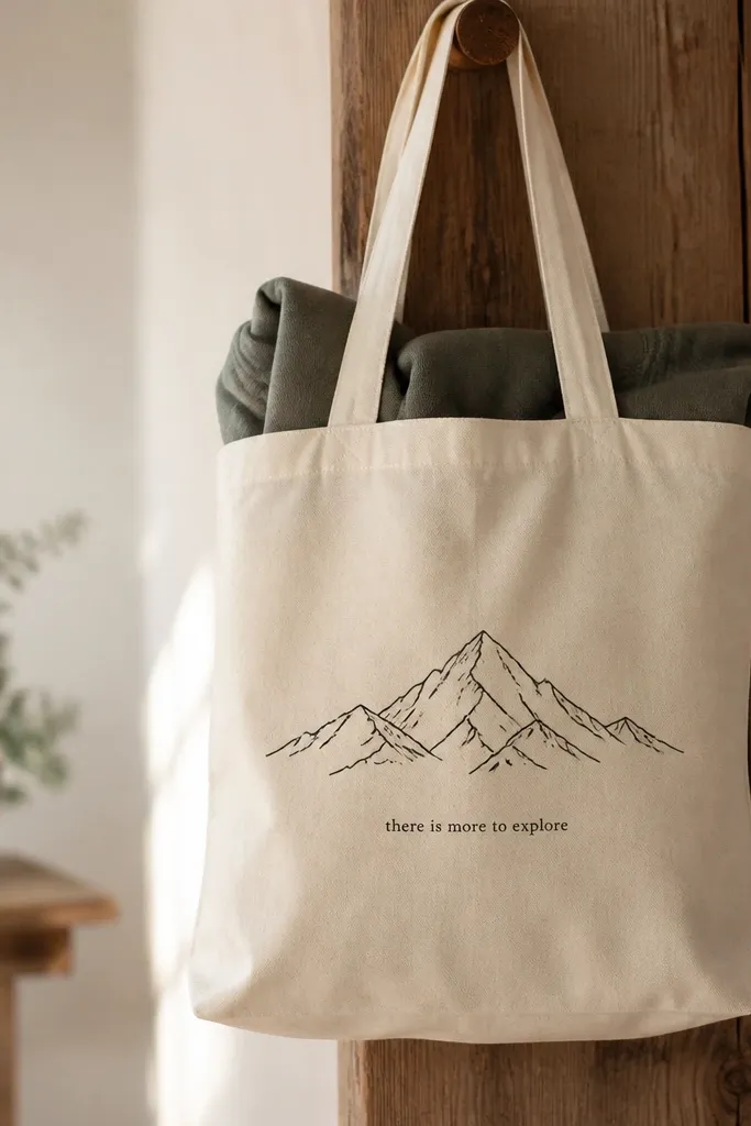 A natural canvas tote bag with a single black line drawing of a mountain and a short sentence printed underneath; it's shown hanging with a folded hoodie inside.