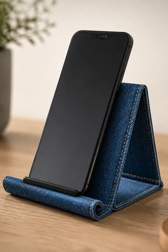 A simple phone stand made from folded cardboard, wrapped in blue denim fabric, with a stitched edge and a small rubber grip strip at the base.