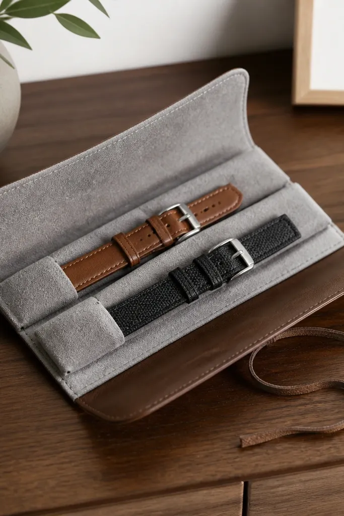 A small roll organizer with a faux leather outer and soft gray fabric inside, holding two watch bands and closed with a tie; shown on a dresser.