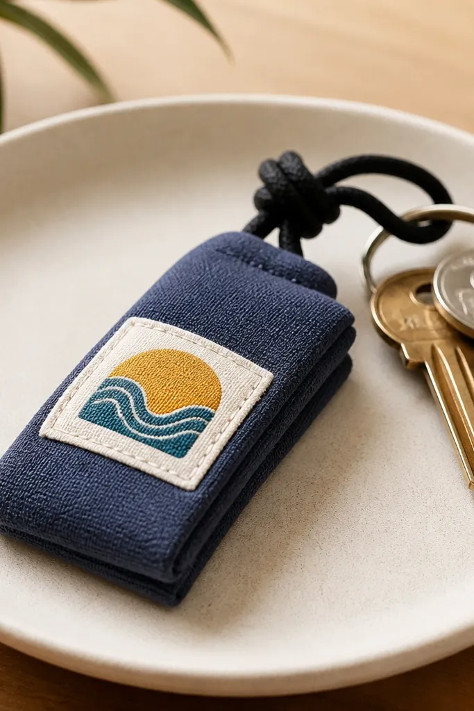 A key fob made from folded t-shirt fabric with a small printed patch, tied with a black cord and shown next to keys.