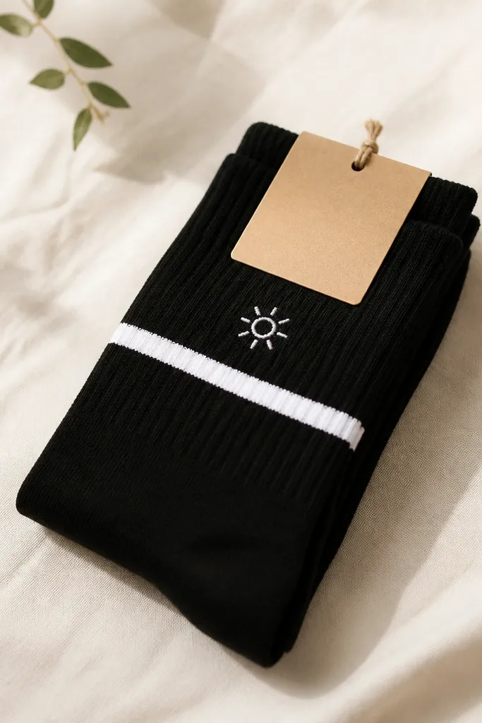 A pair of black socks with a single white vinyl stripe and a small icon above the ankle; neatly folded with a kraft tag attached.