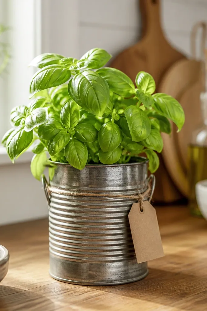 A small basil plant growing in a repurposed metal tin, with a handwritten tag tied to the handle; background is a sunny kitchen counter.