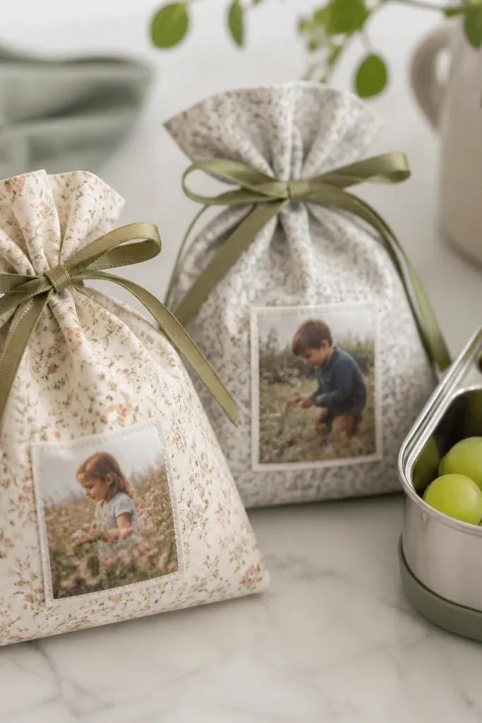 Two reusable cloth snack bags with a small photo label on the front, tied with a simple ribbon; shown next to a lunch container.