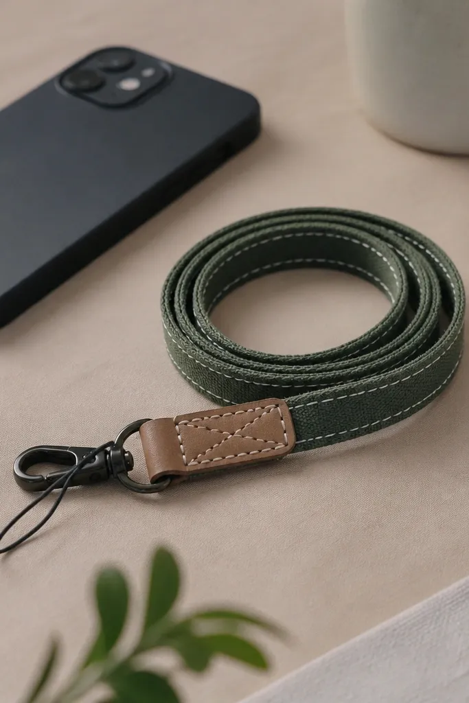 A canvas phone strap with contrasting stitching and a small leather patch, laid coiled next to a phone; photographed on a desk.