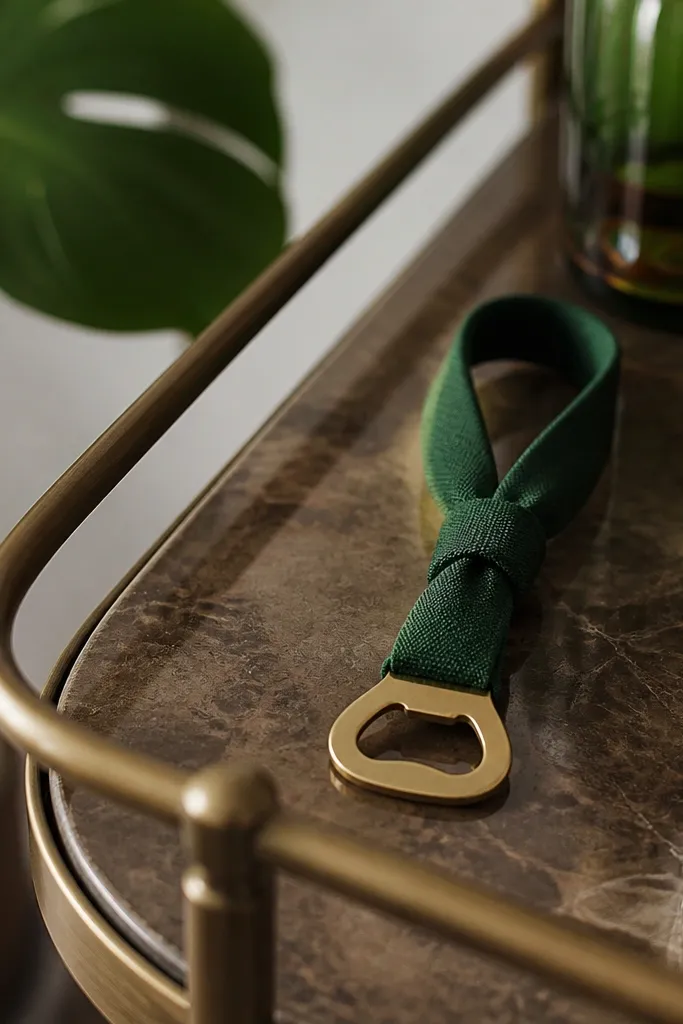 A small bottle opener attached to a fabric loop shaped like a tie knot, in dark green fabric with a brass opener; set on a bar cart.