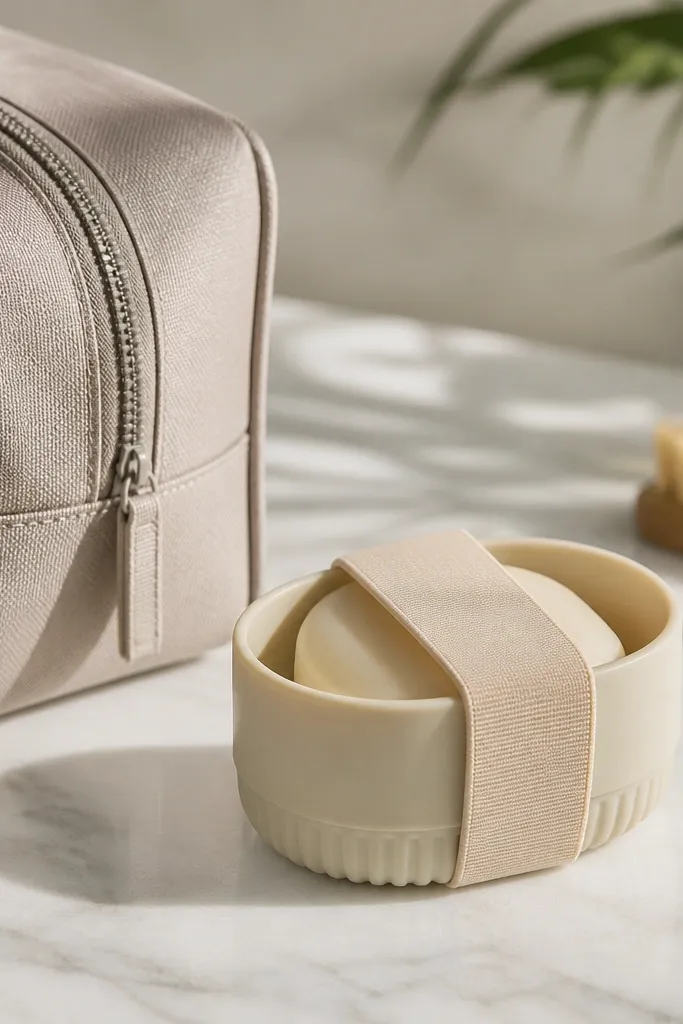 A small silicone cup used as a travel soap holder with a bar inside, wrapped with a band and labeled; photographed next to a toiletry bag.