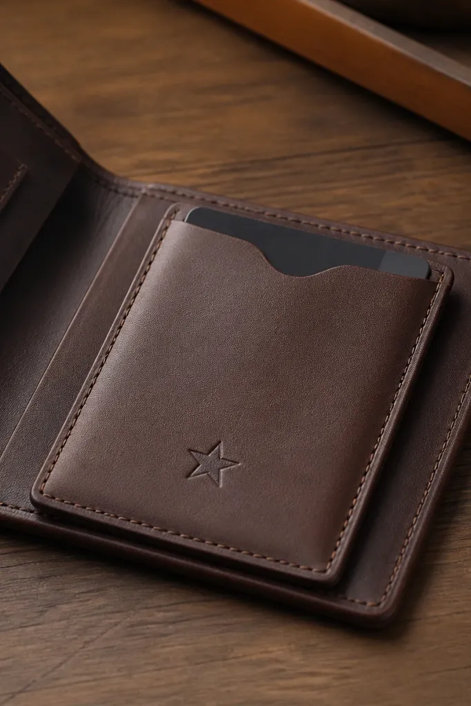 A thin leatherette sleeve with a stamped design and a card slot, photographed in a wallet on a wooden desk; the stamp is a small star.