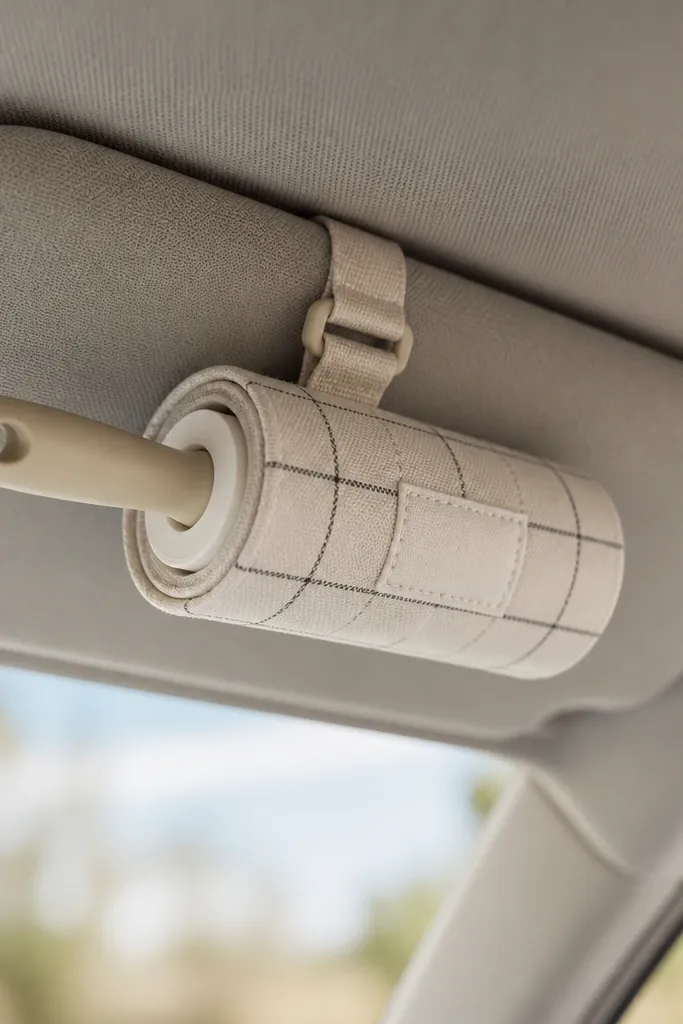 A small fabric sleeve fitted around a lint roller, clipped to a car visor, with a stitched label on the front.