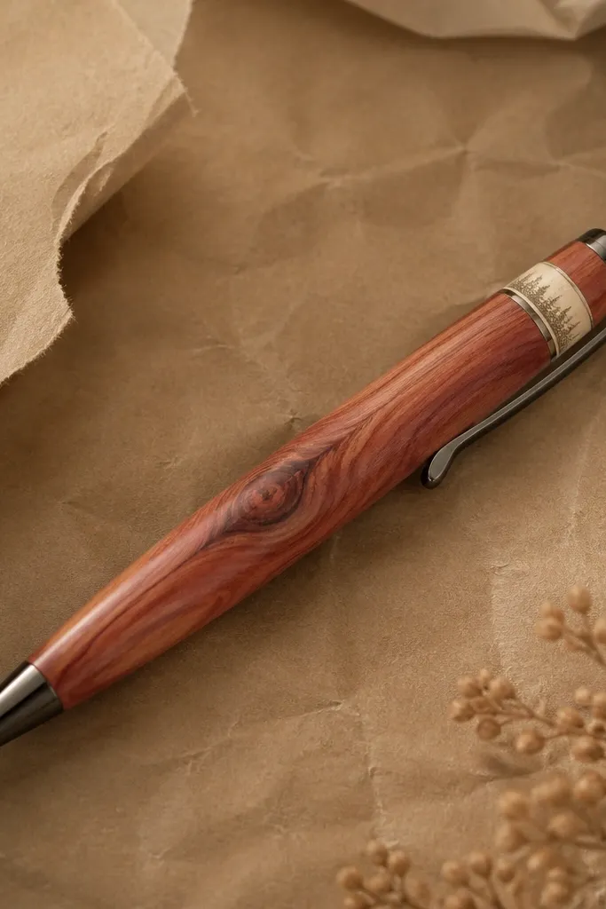 A wooden pen made from cedar with a small engraved-style label sticker near the clip, sitting on brown kraft paper.