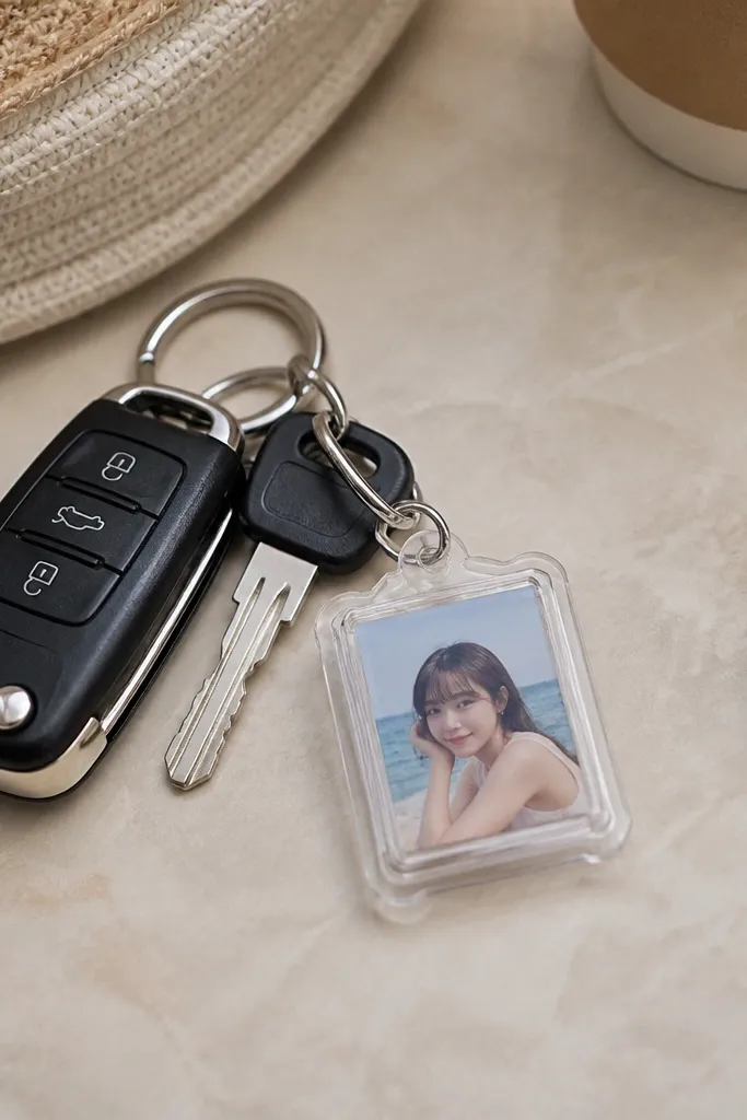 A small clear plastic charm frame with a photo inside, attached to a keyring; photographed with other key items on a countertop.