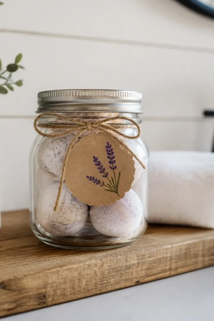 A small mason jar filled with bath steamers labeled with a handwritten scent name, tied with twine and set on a bathroom shelf.