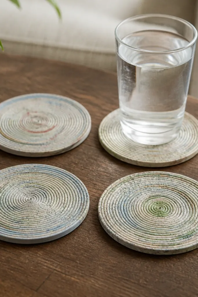 Four coasters made from rolled and glued map paper, finished with a clear matte seal, on a coffee table with a glass of water.