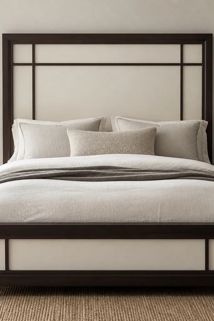 Tall cream headboard with a dark wood frame and four inset panels