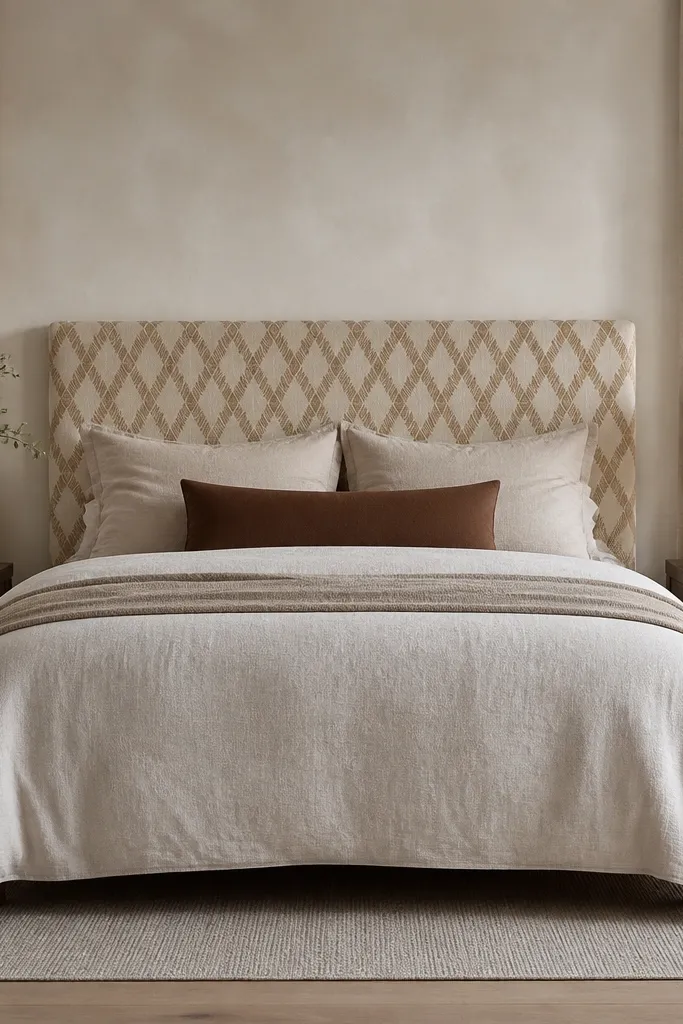 Ivory headboard with a brown diamond cane pattern and thin border