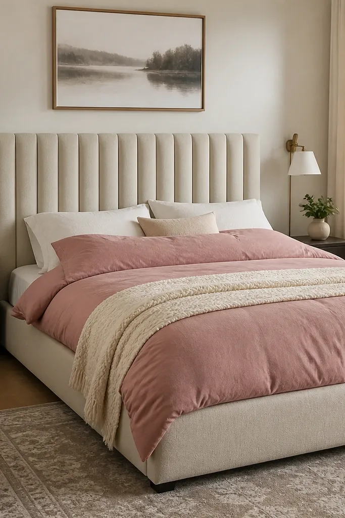 Gray upholstered headboard with vertical channels and clean edges